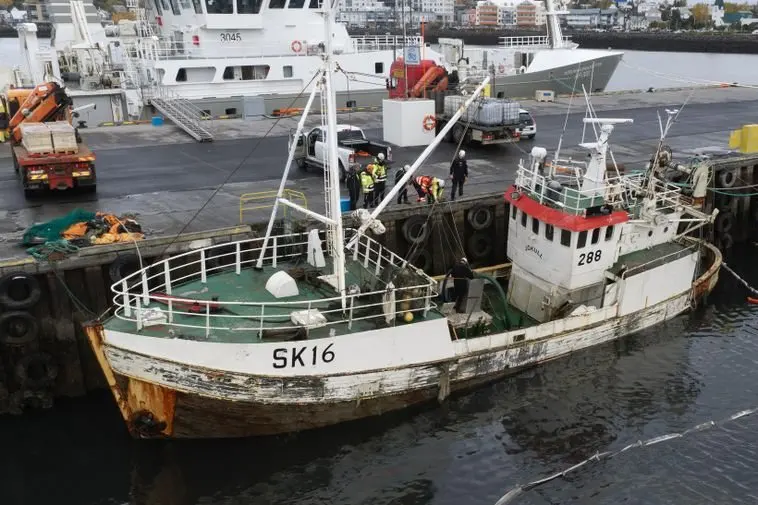 Sunken fishing boat Jökull refloated in Hafnarfjörður harbour after third sinking